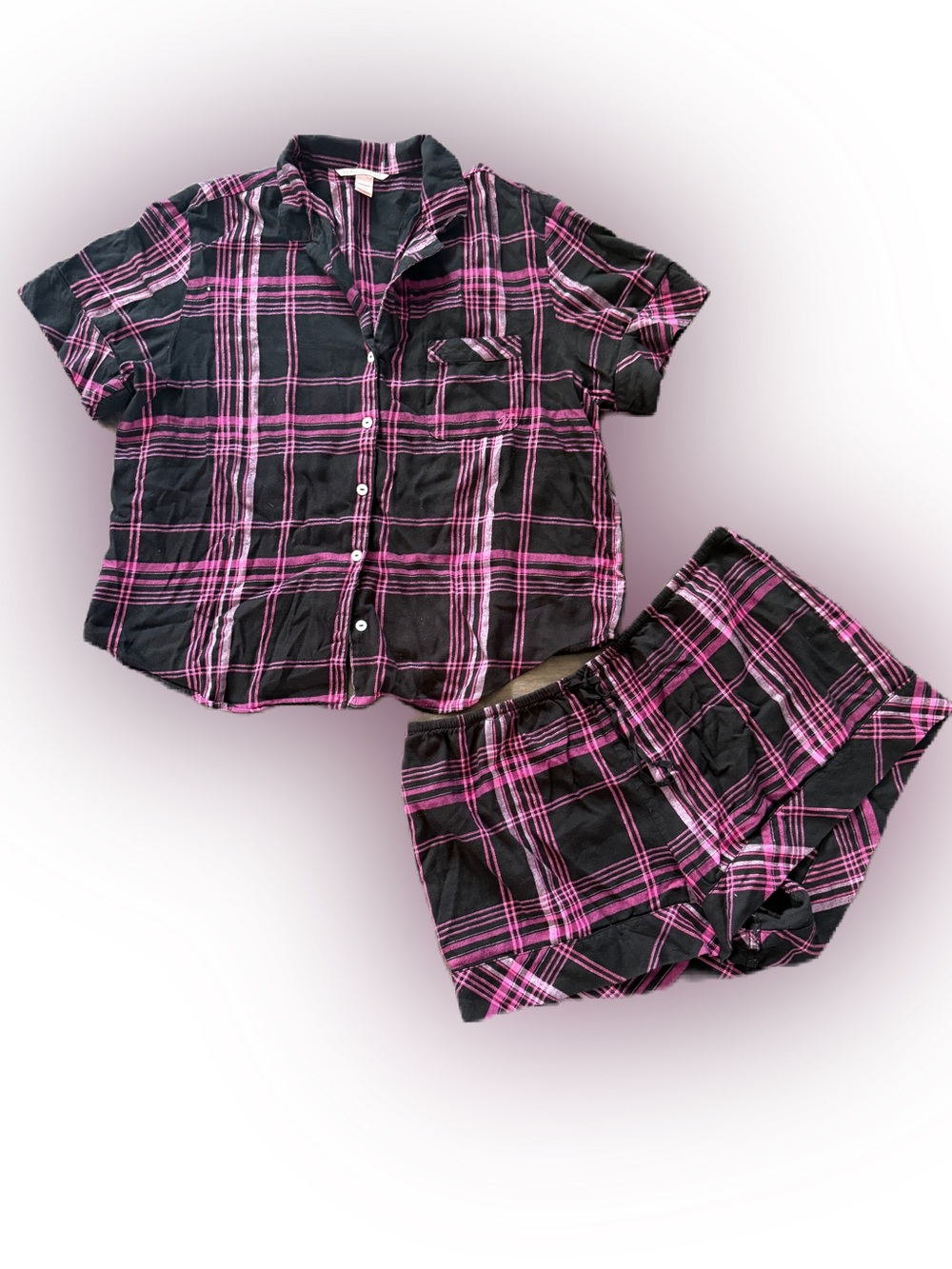 Victoria’s Secret Pajama Set Women’s Large Black Pink Flannel Shorts Lounge. L